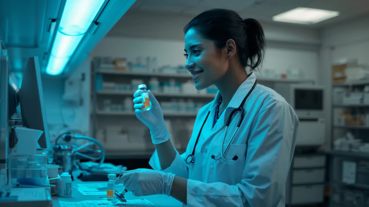 Esaminando dei documenti, un farmacista in camice da laboratorio allunga la mano verso una fiala ambrata, ispezionando l'etichetta per confermare il farmaco