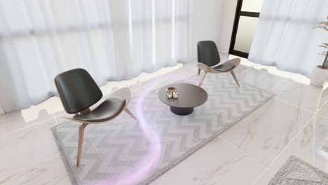 modern smart house living room with animation of stream of intelligent energy flowing between chairs and table artificial intelligent lifestyle smart home concept