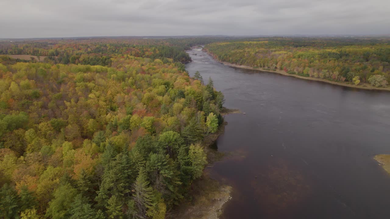 High altitude panoramic drone views over the Canadian wilderness with dense forests and a dark river