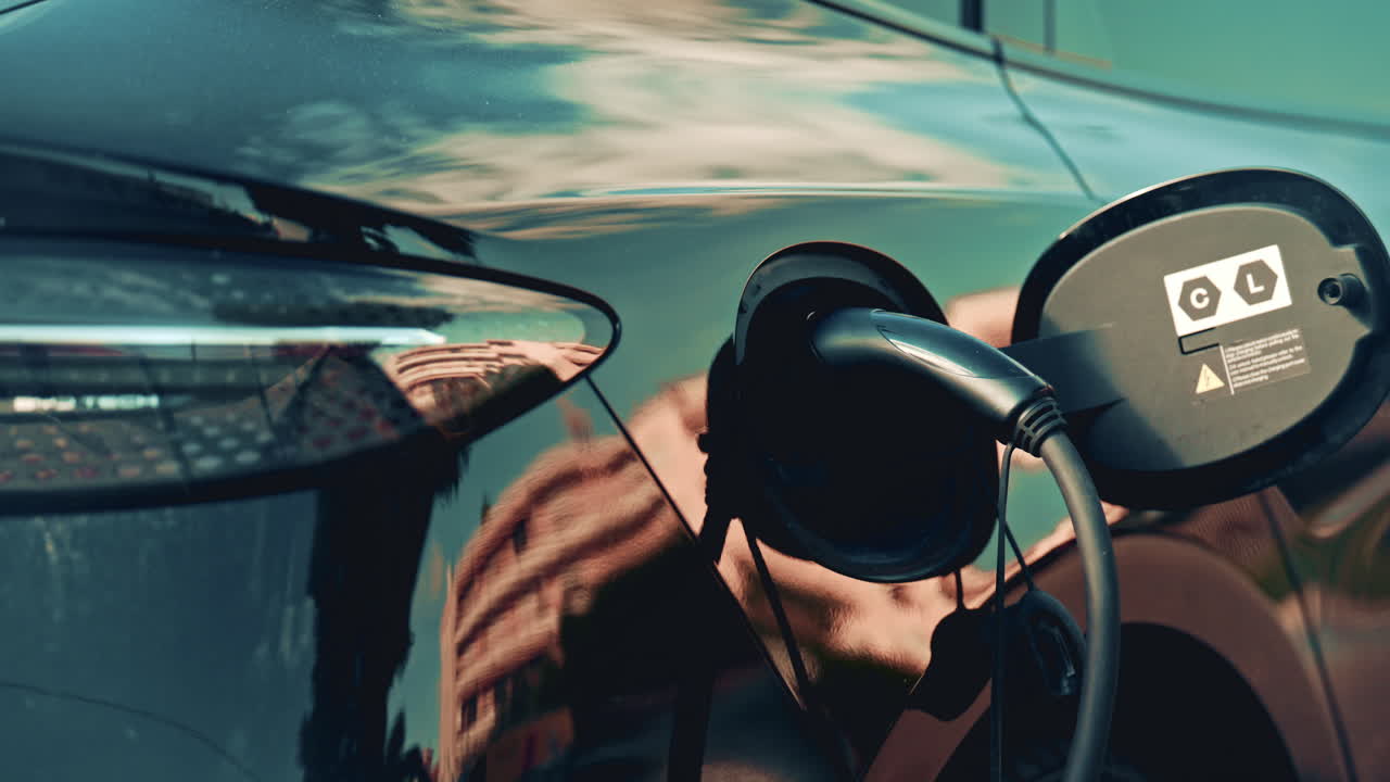 Close up of an EV charging port, with reflections on the car's surface