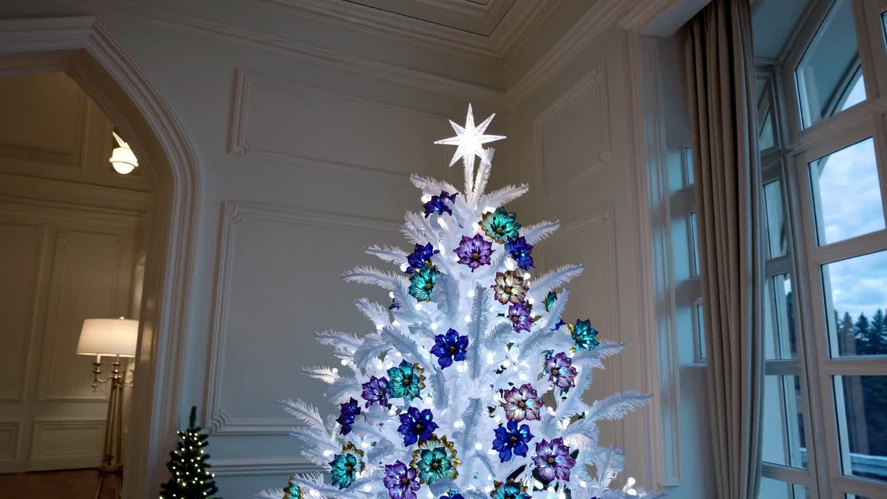 Sparkling white Christmas tree gleaming with vibrant ornaments, adorning luxurious interior featuring warm lighting and sophisticated architectural elements