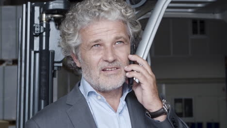 close up of a senior businessman talking on phone in warehouse