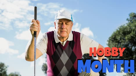 animation of hobby month text in red and blue over senior male golfer playing game