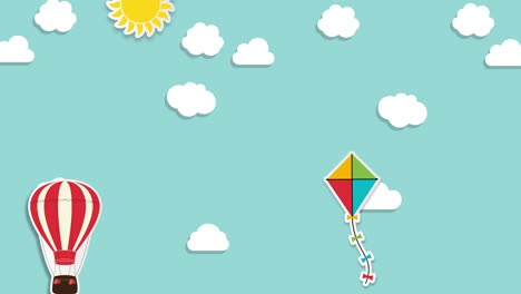 cielo de dibujos animados con nubes, sol, globo y una cometa.