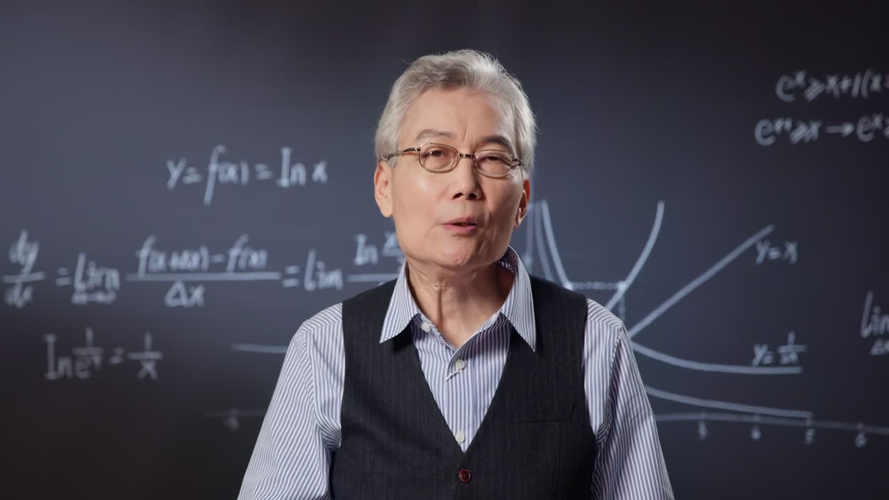 Portrait Mathematics intelligent senior teacher in university classroom standing looking at camera and smiles, backdrop blackboard with mathematical formulas. Education and studying concept