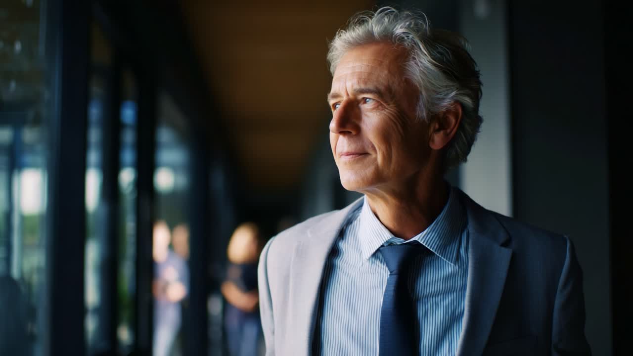 A thoughtful contemplative moment captured, showcasing a distinguished older gentleman in formal attire gazing thoughtfully out a window with a serene expression