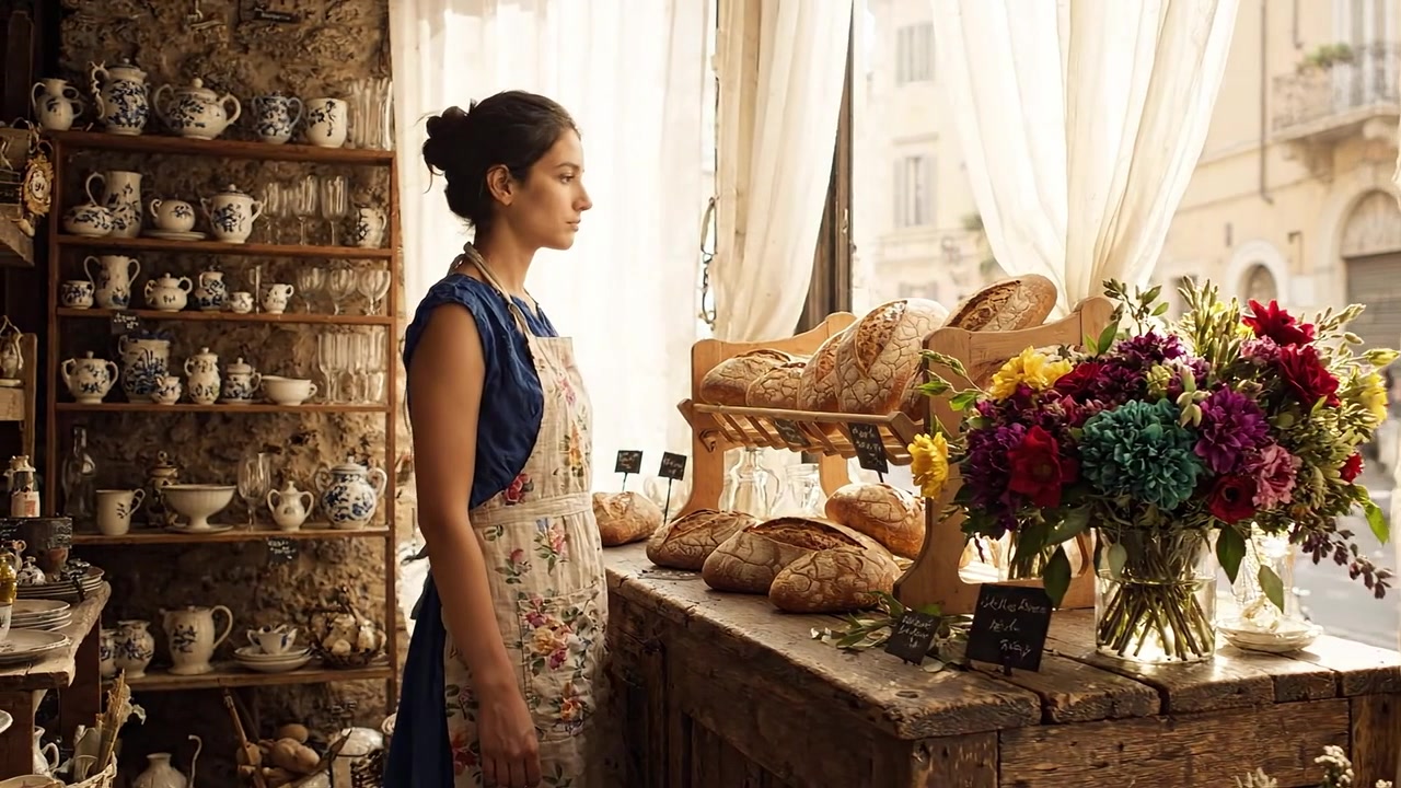 Encantadora Escena de Panadería: Una Joven con Delantal Rodeada de Panes Artesanales y Flores Frescas, Iluminada por Luz Natural en un Ambiente Acogedor.