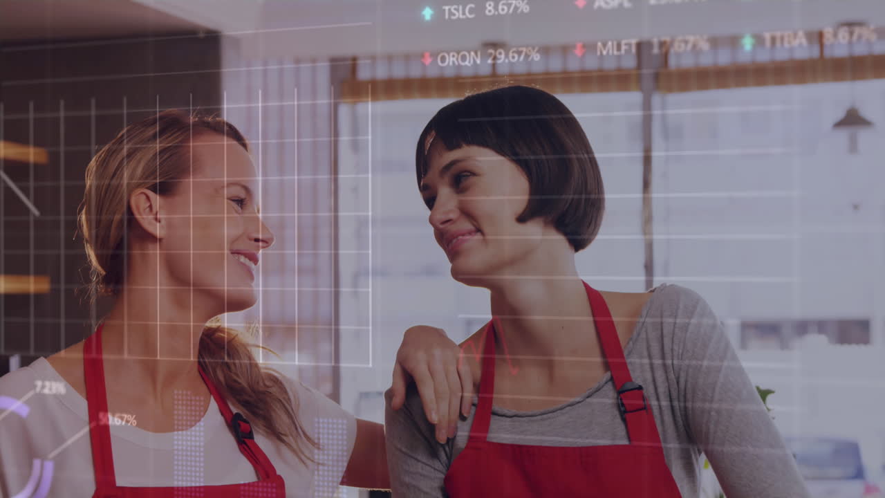 animación de gráficos y tableros de negociación, barista caucásica sonriendo y de pie en los cafés