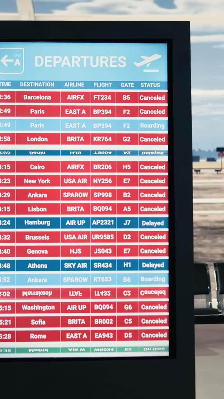 Vídeo Vertical: Vários Voos Cancelados em Tela de Painel de Informações Destacando o Caos nas Viagens