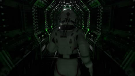 astronaut running through a futuristic spaceship corridor