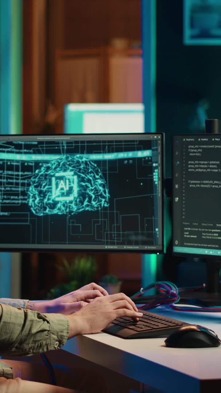 Man Wearing EEG Headset Programming Artificial Intelligence on Computer