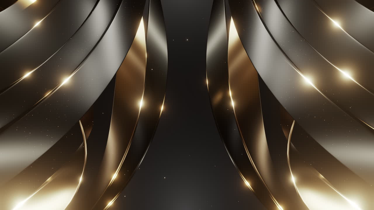 Rendu 3D d'un fond de luxe avec des rubans incurvés élégants noir et or. Texture métallique scintillante avec des points lumineux brillants. Arrière-plan abstrait animé premium pour un gala d'entreprise ou une remise de prix.