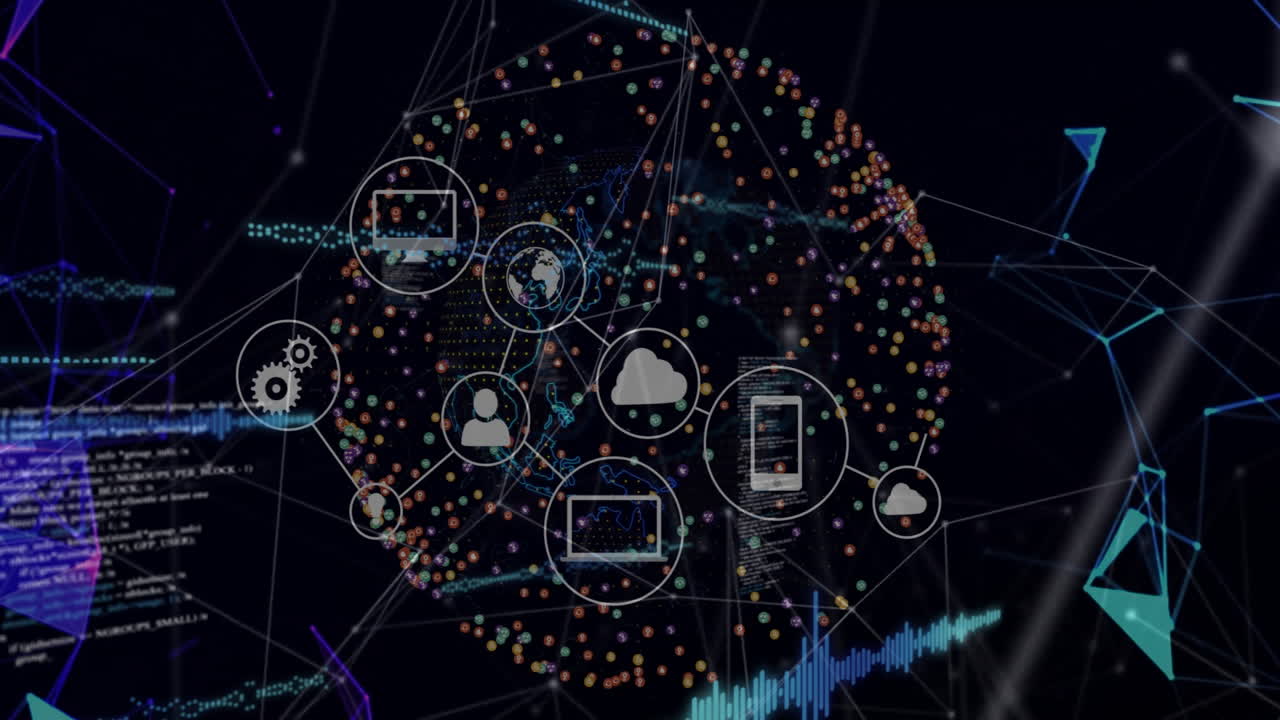 Animation of digital icons and data points forming global connectivity concept