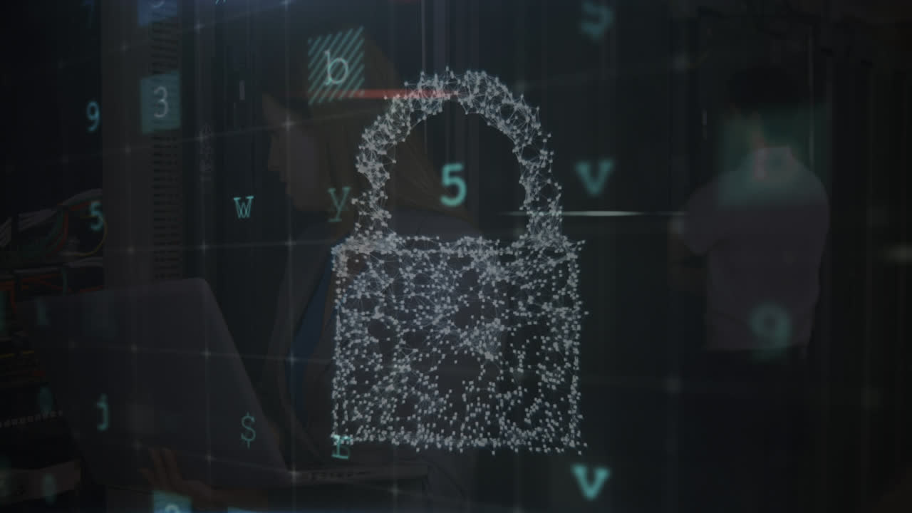 animación del procesamiento de datos sobre un candado de seguridad digital en línea y un fondo oscuro