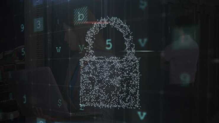 Animation of data processing over digital online security padlock and dark background