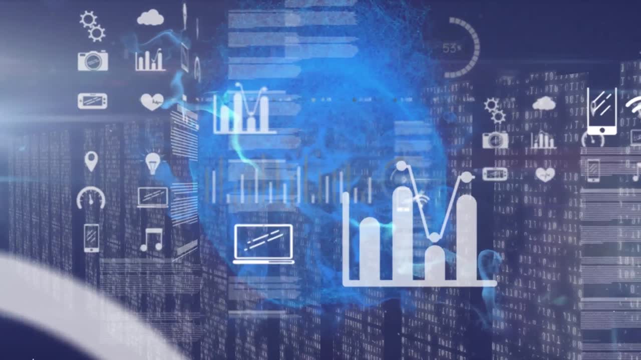 animación del procesamiento de datos con iconos sobre el globo sobre fondo negro