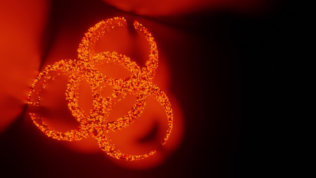 생물학적 위험 표지판과 상징 빛나는 미래 입자 3d 렌더링 큐브 다각형 패턴, 위험 네트워크 기술 검은 바탕에 개념 디자인, 복사 공간과 함께 4k 애니메이션