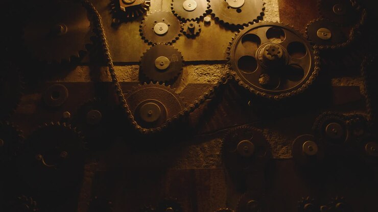 Camera moving on wall decorated with mechanism of metallic gears and loft style lamps . Interior with Industrial style design . Close-up slow motion . Flashing lights .