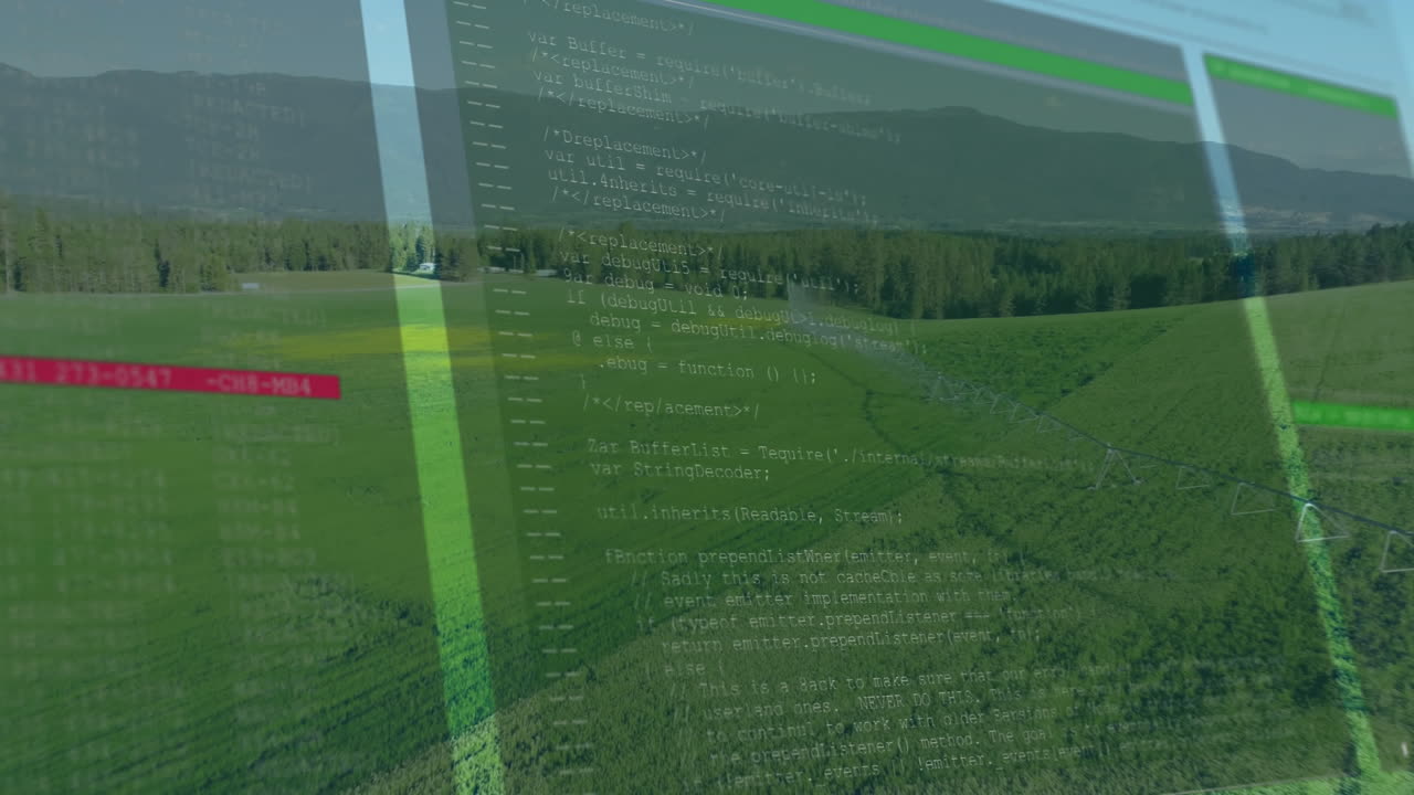 transparent code editor window floating over fields showing red green syntax bars and pivot line