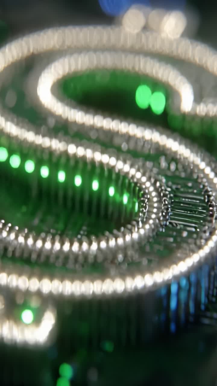 Macro Close-Up of a Metallic Silver Dollar Sign Illuminated with Green and Blue Lights, Highlighting the Intricate Details of the Symbol Against a Dark Background
