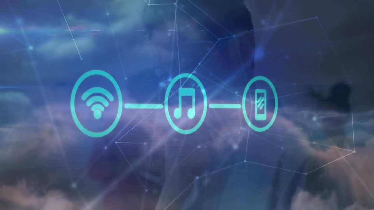 Animazione di un uomo d'affari e icone su una rete di connessioni