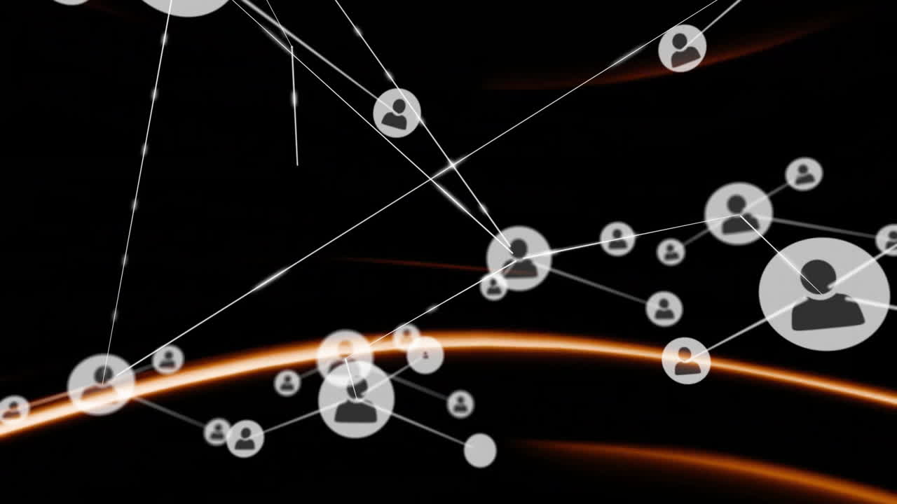 animación de iconos de usuario y conexiones de red sobre fondo negro con líneas naranjas