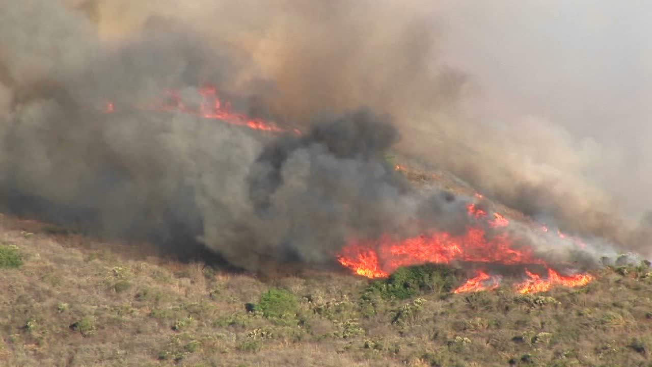 длинный снимок лесных пожаров, горящих на склоне холма в южной калифорнии 1