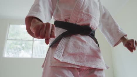 low angle view karateka posing on the mat