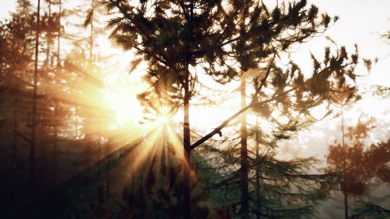 восход солнца в туманном сосновом лесу