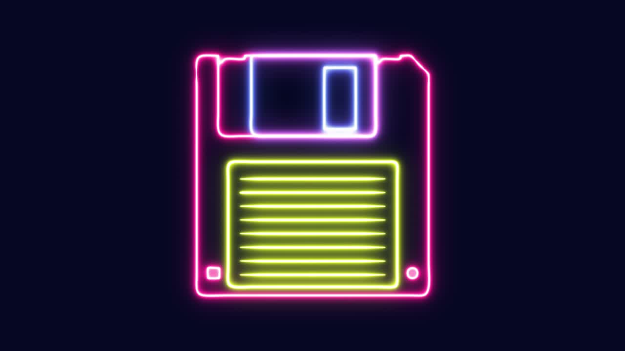 animación: el contorno de neón de un disquete que aparece y desaparece mientras gira, contra un fondo azul oscuro