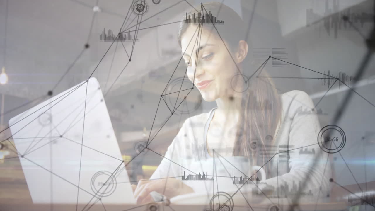 woman typing on laptop in café, showcasing data analytics network graph and bar-chart overlays