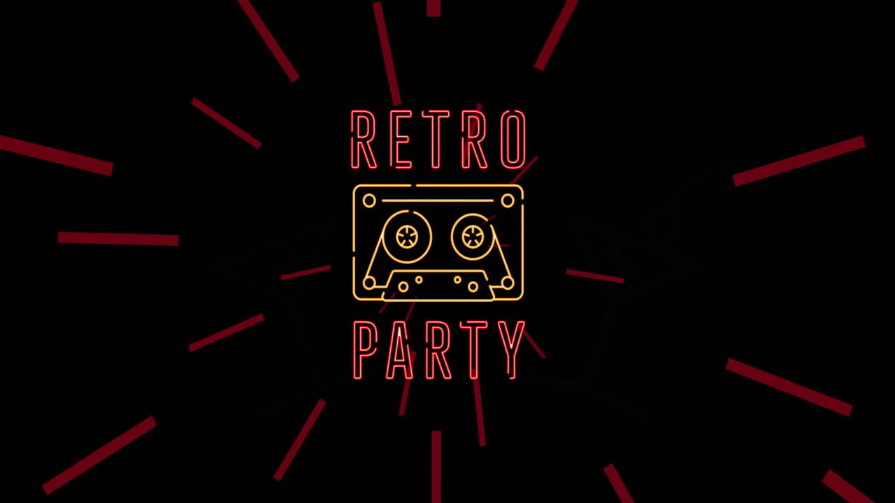 Animation of retro party text with audio cassette and neon cocktails on black with red light trails