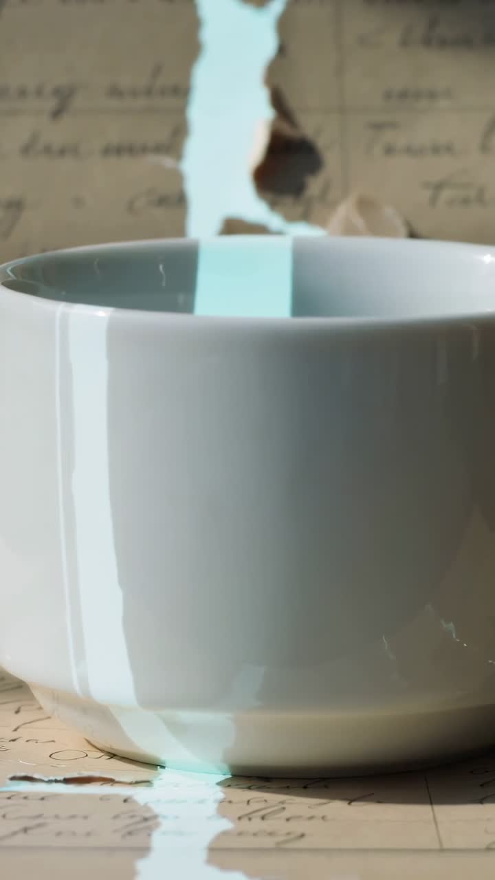 Xícara de Cerâmica Branca com Reflexo de Luz Azul em Papel Vintage