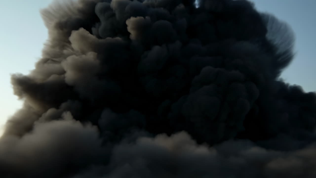 Massive Black Smoke Cloud Engulfs Horizon With Dense Billows, Ash And Soot Rising, Low Light Skyline,