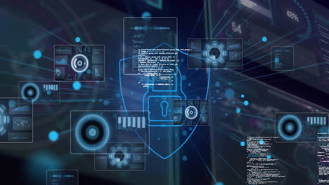 animation of digital data processing and network of connections with padlock icon