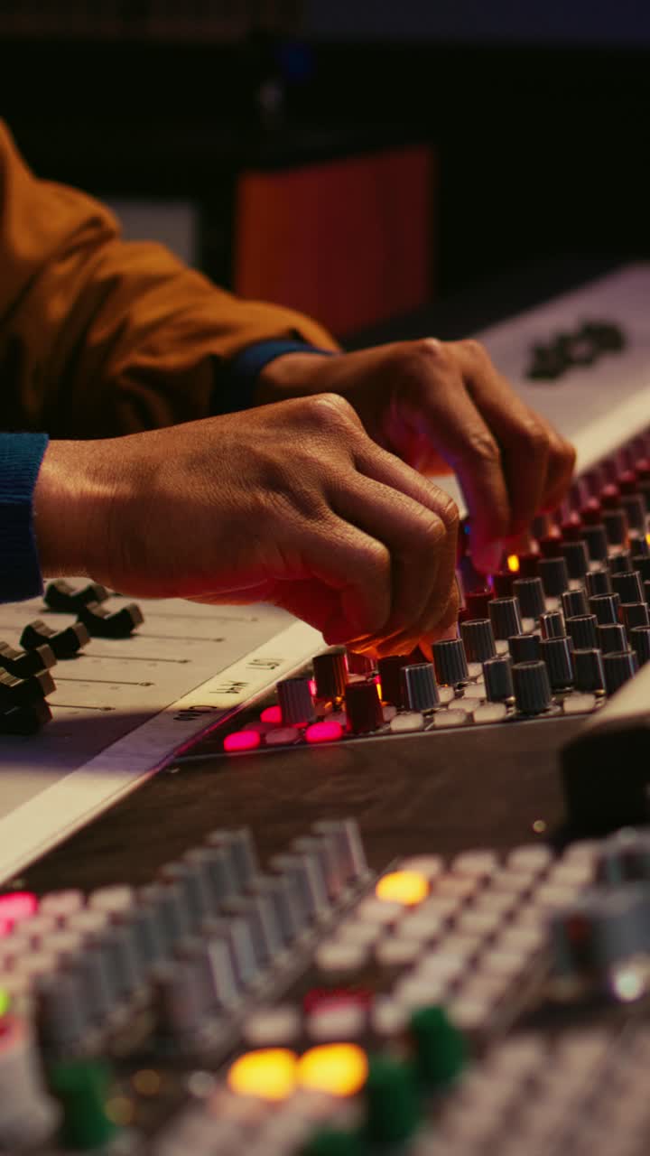 Hands of an Audio Engineer Adjusting a Mixing Console