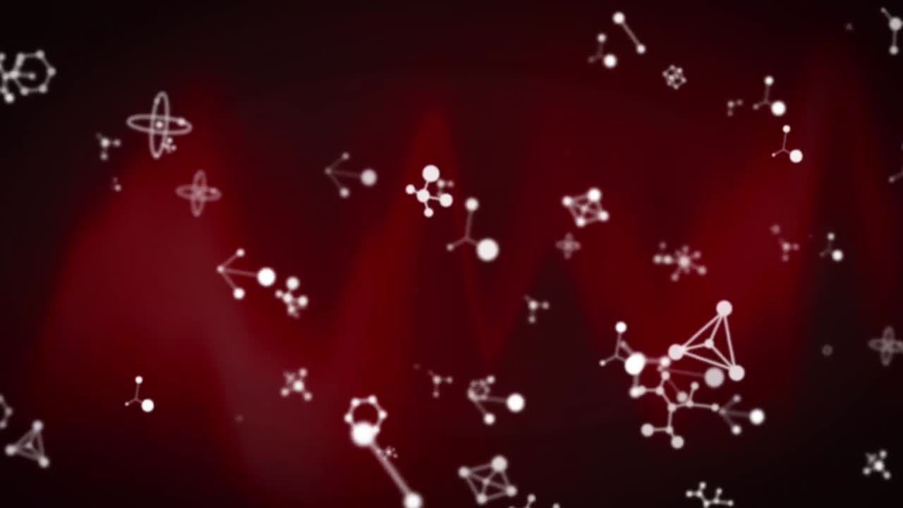animación de estructuras moleculares blancas flotando sobre un fondo rojo oscuro