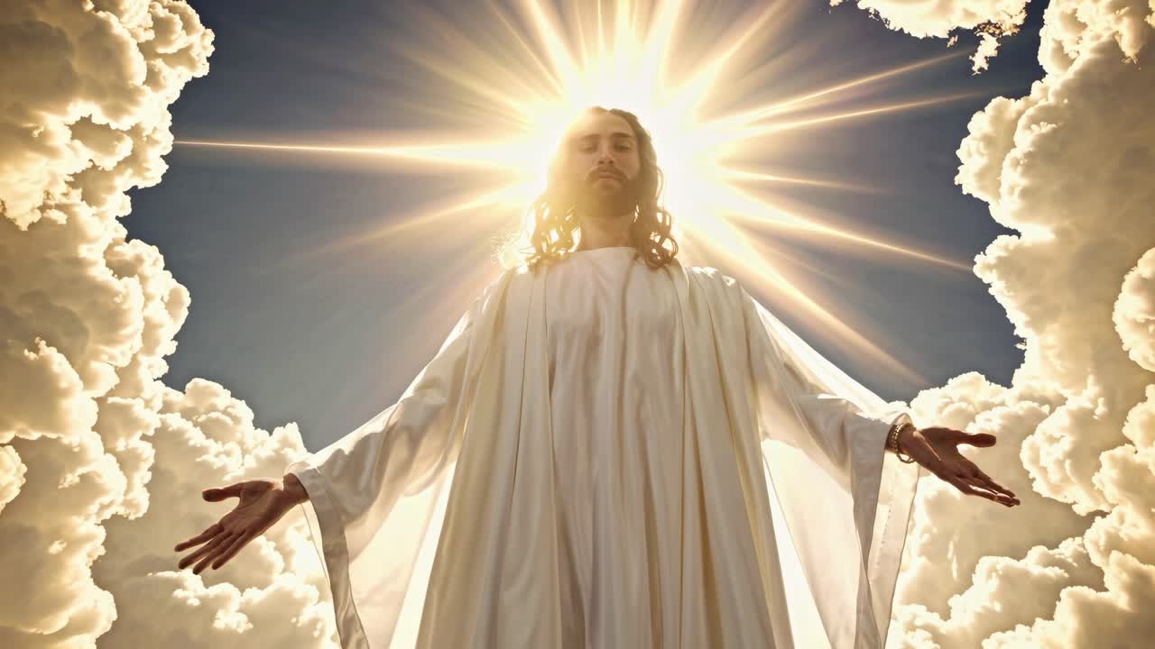 A low-angle video shot of a serene figure in white robes, surrounded by radiant light and clouds