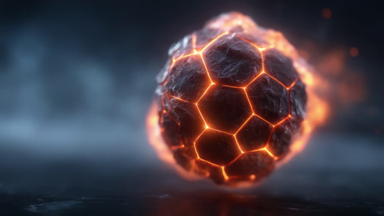 A Captivating Glimpse of an Energetic Fire Sphere, Radiating Light and Heat with Intricate Hexagonal Patterns, Set Against a Mysterious Dark Background