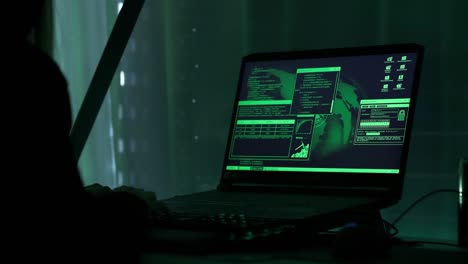 a criminal hackergirl with black hood using laptop and big computers to hack network system from her dark hacker neon room