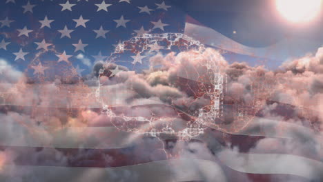 animation of digital brain scan rotating over american flag and cloudy sky at sunset