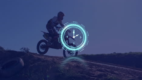 motorcyclist jumping over hill with digital clock animation overlay