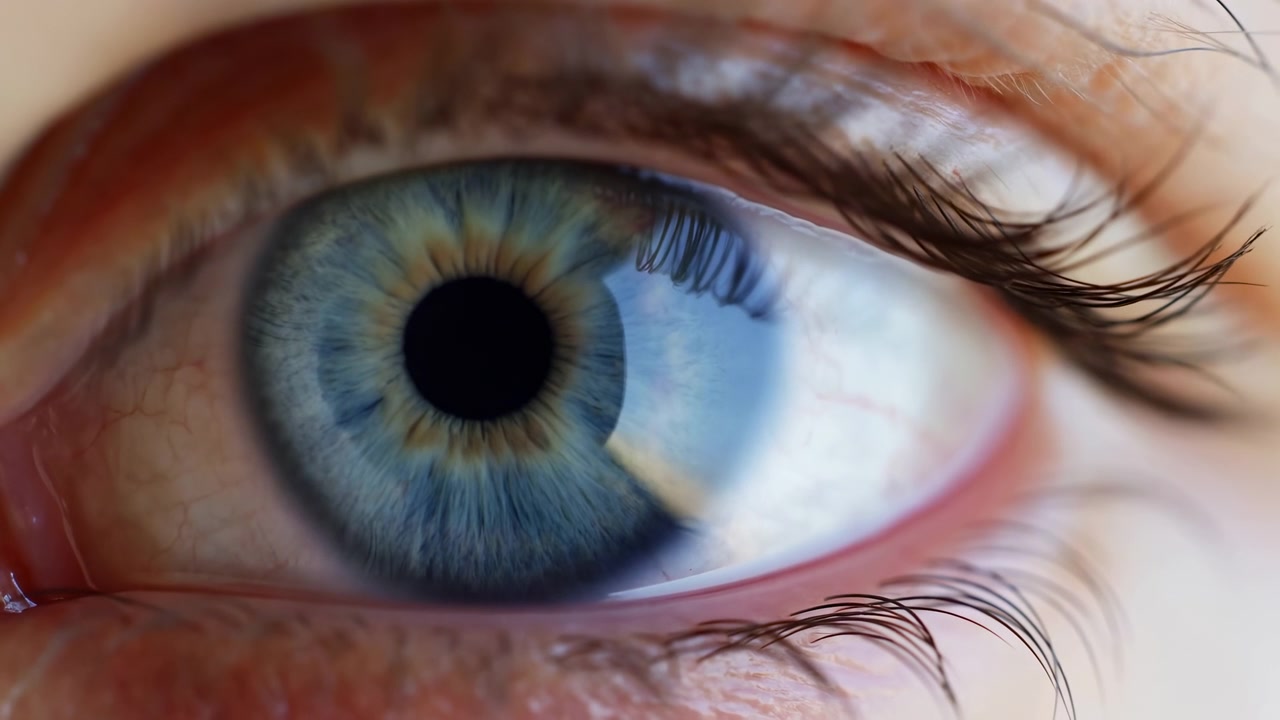 Blue eye remains centered while eyelids and eyelashes make gentle movements, revealing iris details, moisture reflections, and fine skin texture in close composition with soft illumination.