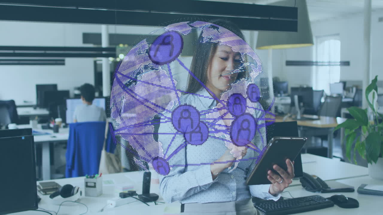 Businesswoman using tablet with global network animation overlay in modern office