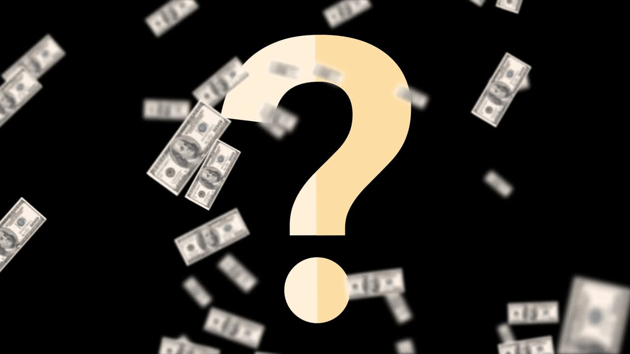 검은색 배경에 질문표 위에 달러 지폐의 애니메이션