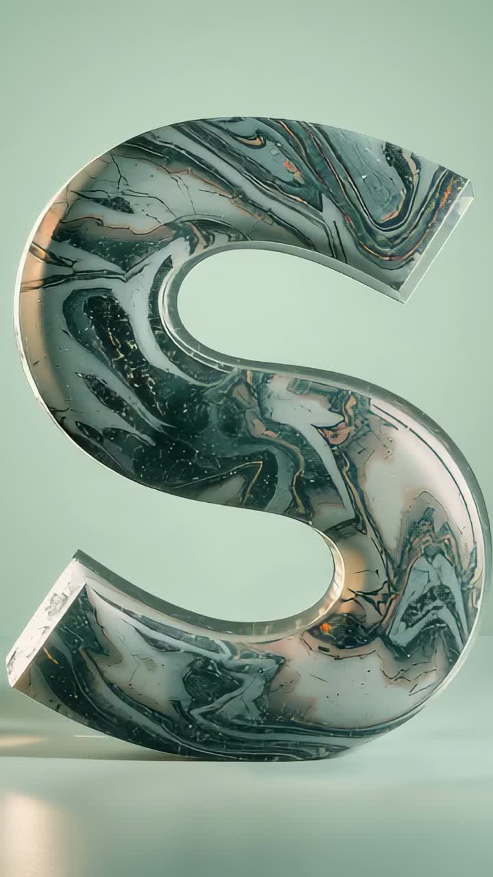 Vertical video: Moving lights casting highlights on marble letter S at mint backdrop, showing veins