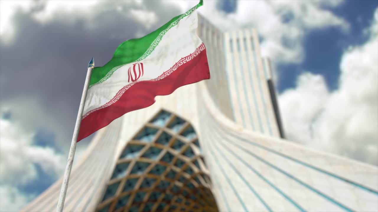 테헤란의 아자디 타워 앞에서 이란 국기가 휘날리는 cgi 3d 애니메이션