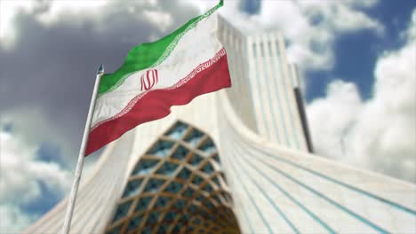 animación cgi 3d de la bandera nacional iraní ondeando frente a la torre azadi en teherán