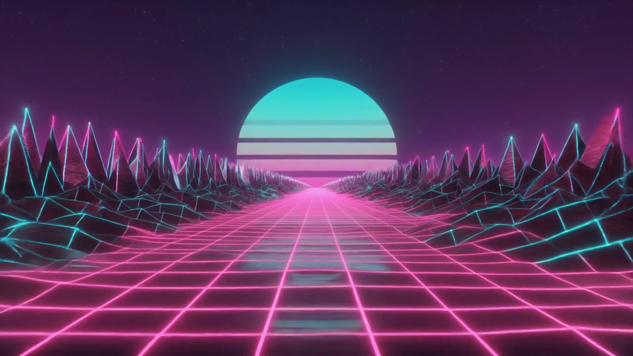 Lanskap Digital Gaya Retro Synthwave dengan Kisi Bercahaya dan Matahari