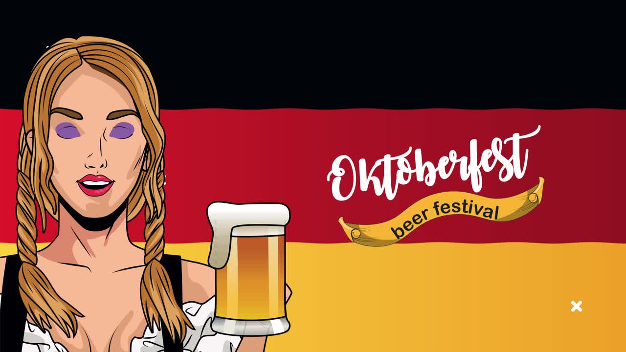 animación de celebración de oktoberfest feliz con chica sexy levantando pretzels y bandera de alemania
